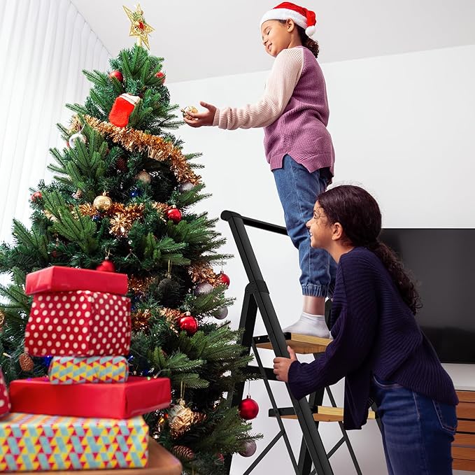 3 Step Ladder with Handrails, Portable Step Stool Foldable, Kitchen Step Stool for Adults 330 lbs, Lightweight Stepping Stool with Non-Slip Pedals, Aluminum Folding Stepladder for Home Garage