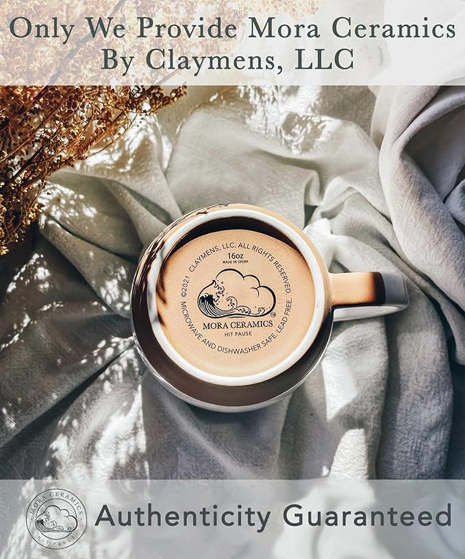 Mora Ceramic Large Latte Mug Set of 4, 16oz - Microwavable, Porcelain Coffee Cups With Big Handle - Modern, Boho, Unique Style For Any Kitchen. Microwave Safe Stoneware - Earl Grey