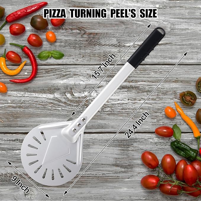Pizza Turning Peel 9 Inch Round Anodized Aluminum Perforated Pizza Peel Turner With Metal Handle Pizza Paddle Spinner For Outdoor Pizza Oven Accessories