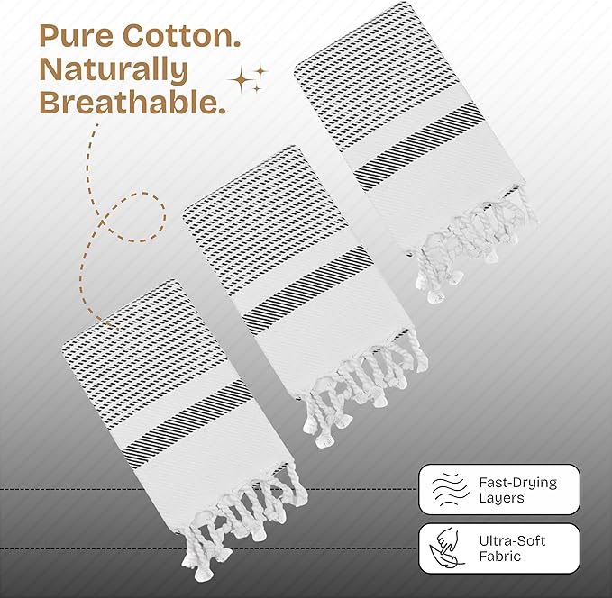 Black Turkish Kitchen Towels 16x26 Inch, 3 Pack, 100% Cotton, Ultra Absorbent, Soft, Fast Dry, Machine Washable, Dish Towel with Tassels for Drying Dishes, Cleaning, Everyday Use