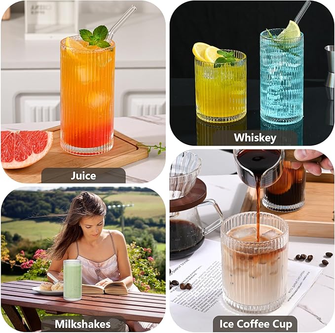 Set of 8 Vintage Ribbed Glassware,4 Highball Glasses 12 oz,4 Rocks Drinking Glasses 14 oz,Ribbed Cocktail Glass Cup,Used for Whiskey,Ice Coffee Cup,Juice,Smoothies,Mixed Drinkware