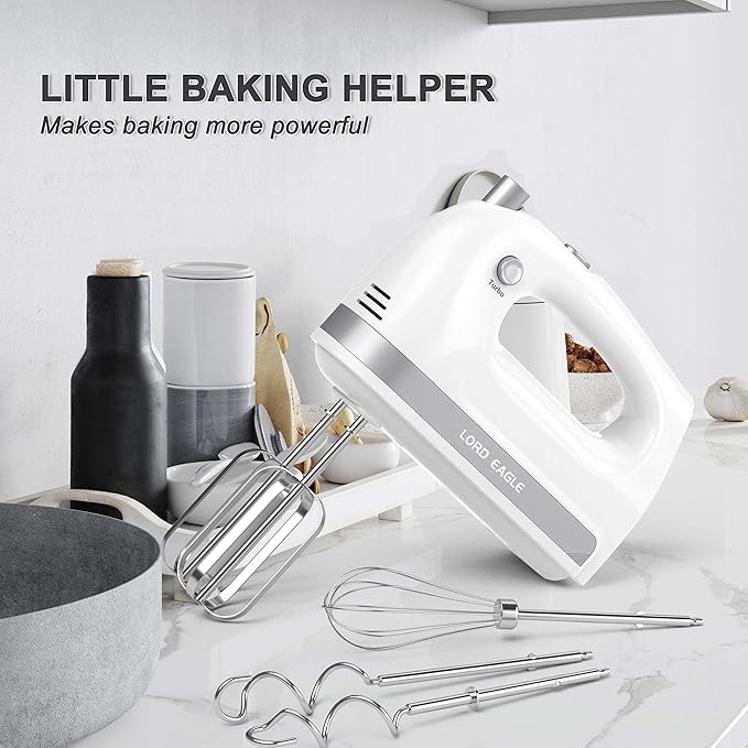 Lord Eagle Hand Mixer Electric 400W, 5 Speed handheld Mixer, 5 Stainless Steel Accessories for Baking Cake Egg Cream Food Beater, Turbo Boost/Self-Control Speed + Eject Button