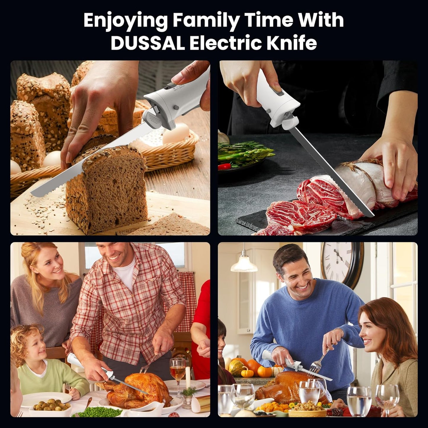 DUSSAL Cordless Electric Knife Rechargeable, Electric Carving Knife, 4 Stainless Steel Blades, Safety Lock Switch, Blade Release Buttons, Cutting Meats, Poultry, Bread, Cheese & More (White)