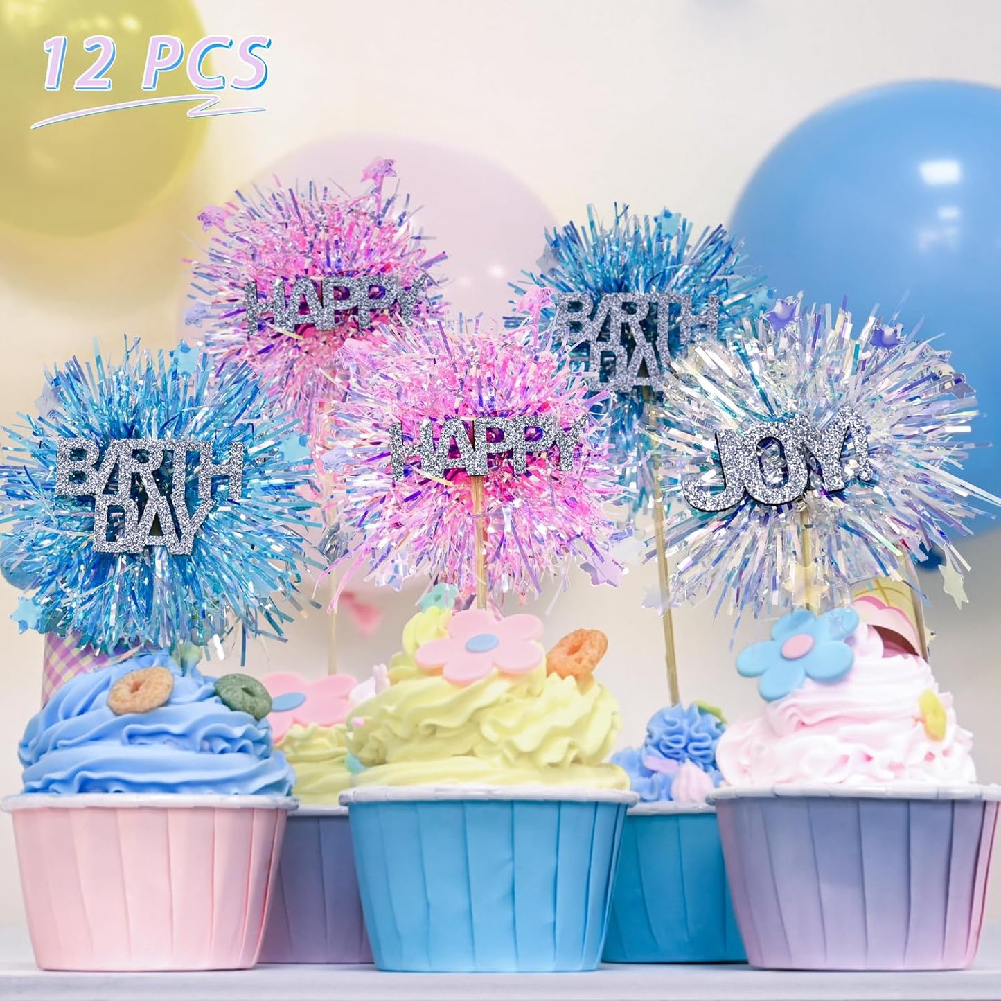 LOLStar 12 Pcs Happy Birthday Cake Toppers, Foil Firework Cupcake Toppers Blue Pink Sparkle Tinsel Drink Stirrers Cake Party Decoration, Cocktail Food Fruit Toothpick for Holiday Photo Booth Props