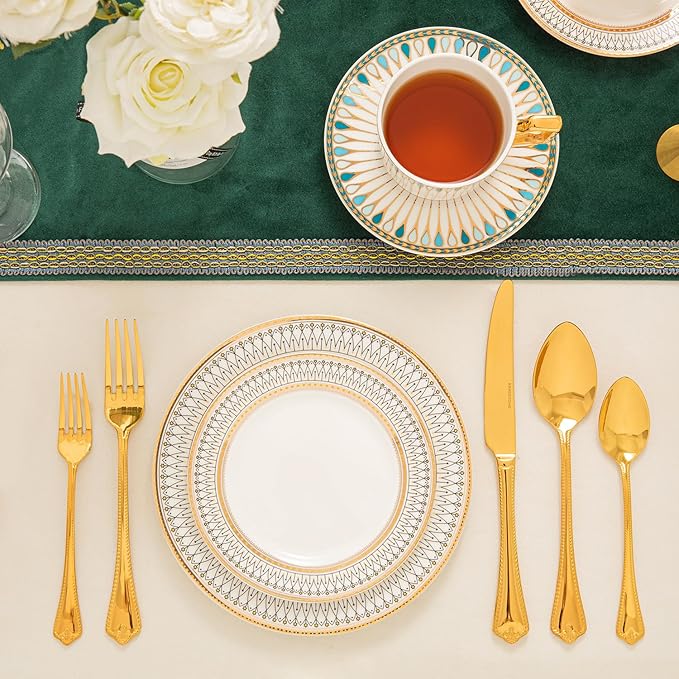 KINGSTONE Gold Silverware Set, 60-piece 18/10 Stainless Steel Flatware Set Cutlery Set for 12, for Kitchen, Home, Wedding, Party, Mirror Polished and Dishwasher Safe, Featured Gifts