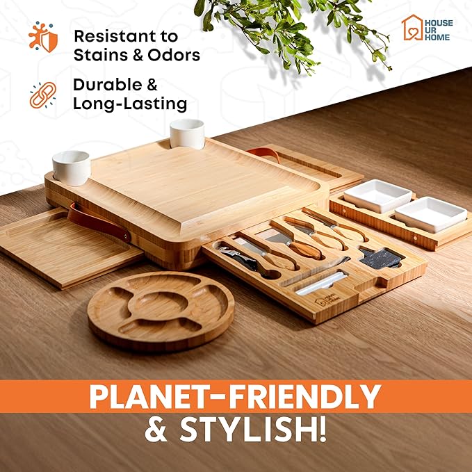 Large Bamboo Charcuterie Boards Gift Set with 4 Hidden Drawers, Cheese Knives, Ceramic Bowls & Plates, Recipe Book, Perfect House Warming Gifts New Home