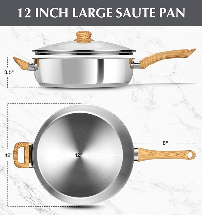 KOCH SYSTEME CS Saute Pan with Lid, 12 Inch Deep Frying Pan with Lid, 5.5 Quart Stainless Steel Saute Pan with Stylish Cool-Touch Bakelite Handle, 12 Inch Deep Stainless Steel Pan, Induction Ready