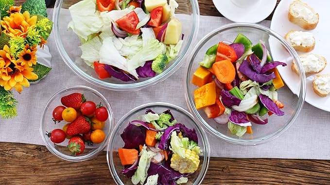 Luvan Glass Mixing Bowl with Airtight Lids, (1QT, 1.5QT, 2.5QT, 3.7QT), 8-piece Kitchen Salad Bowls Clear Nesting Big Cooking Bowl, Microwave Oven Safe for Meal Prep,storage,Baking,Serving