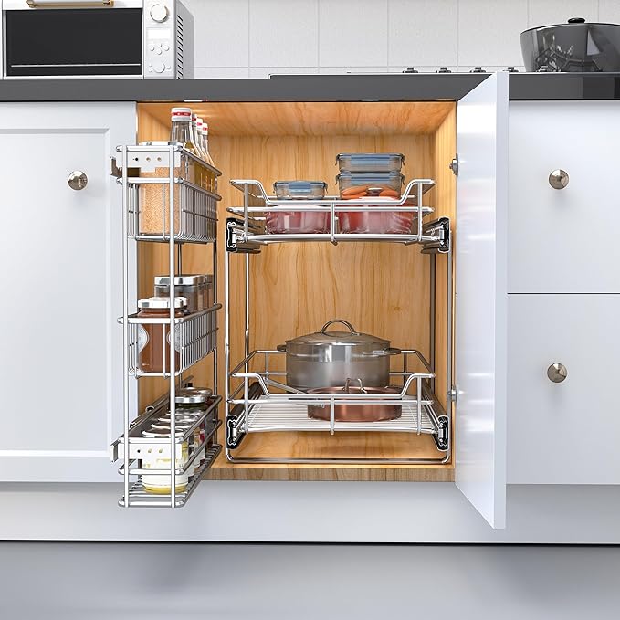Narrow Pull Out Cabinet Organizer(4⅜" W x 18⅛" D),Pull Out Spice Rack, 3-Tier Side Mount Slide Out Spice Rack for Narrow Cabinet
