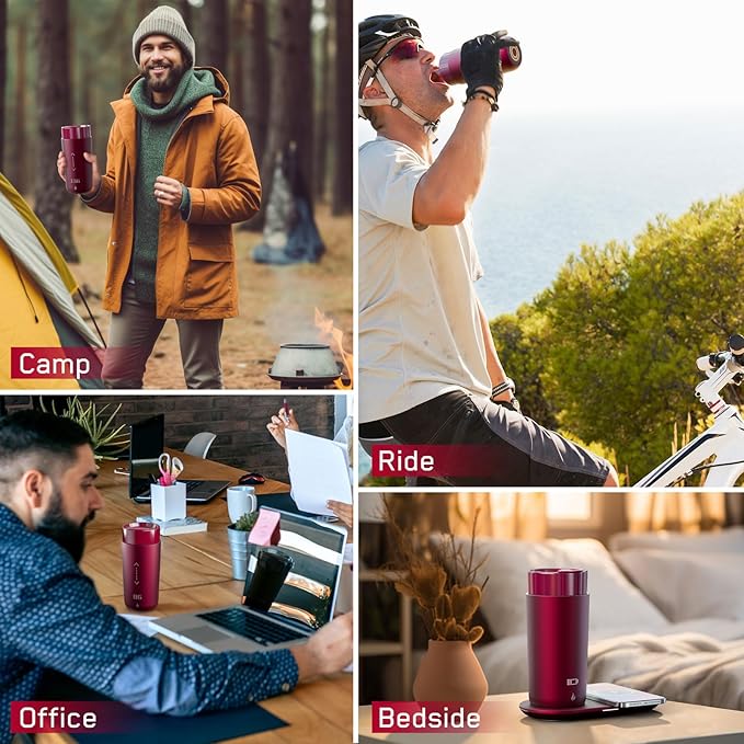 Temperature Control Heated Coffee Mug Smart Self Heating Travel Mug 12 Oz App Controlled Warmer Mug 4-10 Hour LED Display Keep Coffee Hot All Day Fast Wireless Charger Base Rogue red