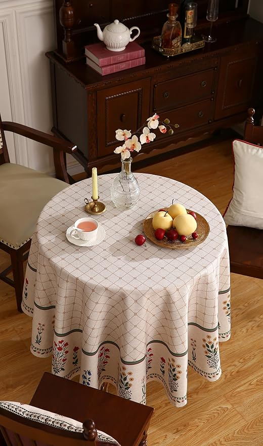 Floral Tablecloth for Round Tables,Linen Table Cloth with Colorful Flowers Pattern,Heavy Durable Table Cover for Dining Thanksgiving Kitchen Decor Party Christmas,Diameter 55"