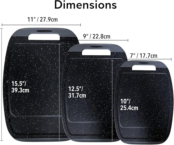 Neoflam Microban Antimicrobial Plastic Cutting Board 3 Sets, BPA Free, Non-Slip EZ Grip Handle, Dishwasher Safe, with Juice Groove