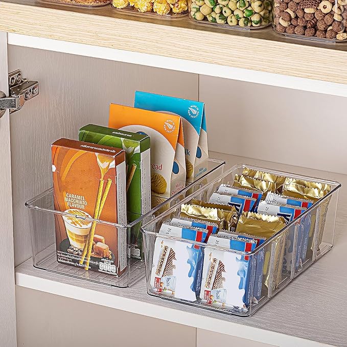 Vtopmart 4 Pack Food Storage Organizer Bins, Clear Plastic Bins for Pantry, Kitchen, Fridge, Cabinet Organization and Storage, 4 Compartment Holder Packets, Snacks, Pouches, Spice Packets