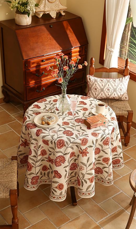 Floral Tablecloth for Round Tables,Linen Table Cloth with Orange Flowers and Green Leaves Pattern,Heavy Durable Table Cover for Dining Kitchen Decor Party Christmas,Diameter 55"