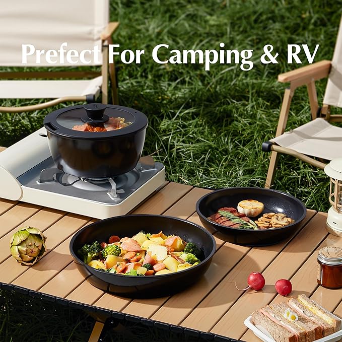 Redchef 16pcs Ceramic Pots and Pans Set Non Stick, Nonstick Kitchen Cookware Set with Detachable Handle, Non Toxic, PFAS PFOA & PTFE Free, RV Cookware Set for Camping, Dishwasher/Oven Safe (Black)