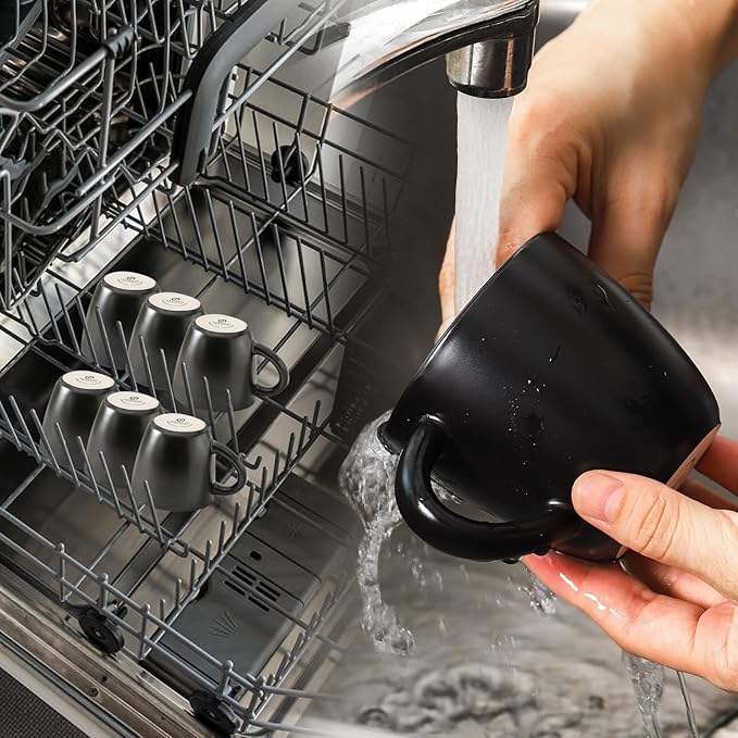 Hasense Porcelain Cappuccino Cups and Saucers Set of 6-6 Ounce Demitasse Espresso Mugs with Handle Perfect for Latte, Cafe Mocha, Double Shot and Tea, Black