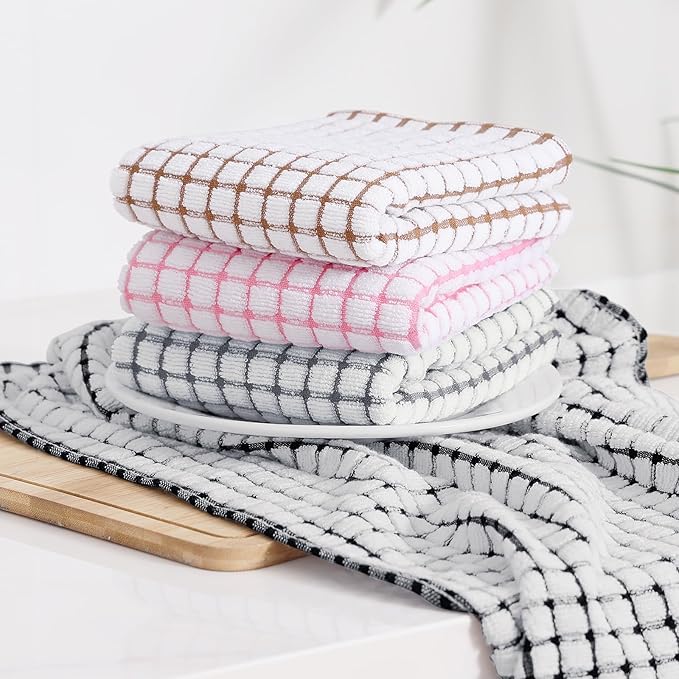 Kitinjoy Cotton 6 Pack Terry Kitchen Towels, 16 x 25 Inches Super Soft and Absorbent Dish Towels, Quick Drying Hand Towels for Kitchen Drying, Black