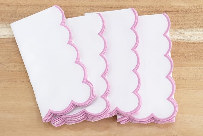 PurpleEssences Scalloped Embroidery Cloth Napkins Christmas Holiday Winter Table Decor 100% Cotton Set of 4-18 x 18 inch - White - Edges - Blush Pink
