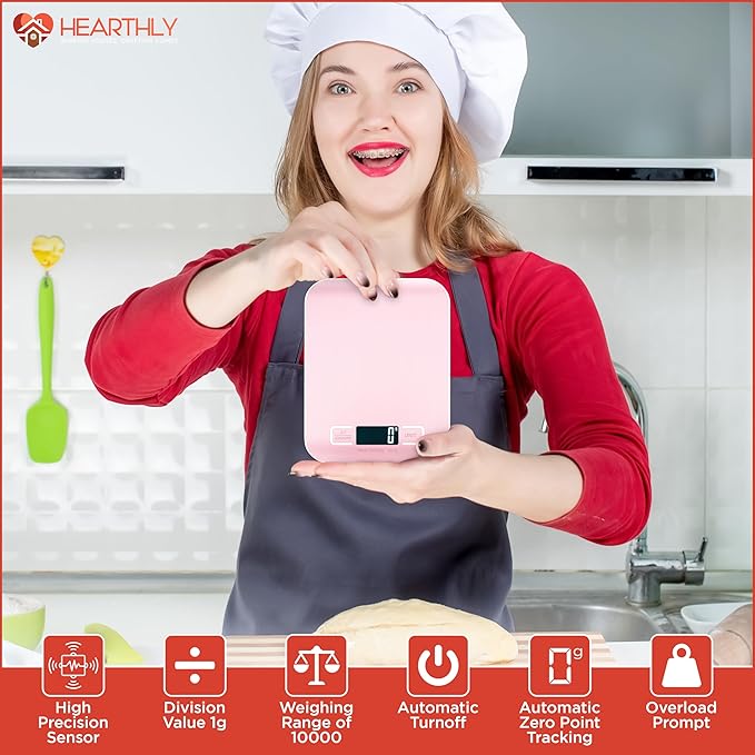Food Scale, Digital Kitchen Scale for Cooking and Baking, Batteries Included, Weighs up to 22 pounds, Kitchen Scales Digital Weight Grams and Ounces, 304 Stainless Steel - Pink