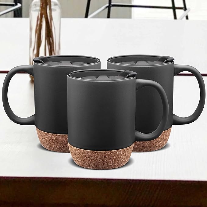 DISCOUNT PROMOS Barista Ceramic Mugs with Cork Bottom 13 oz. Set of 12, Bulk Pack - Perfect for Coffee, Tea, Espresso, Hot Cocoa, Other Beverages - Black