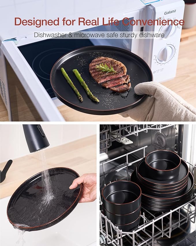 Famiware Nebula Ridge Stoneware Dinnerware Sets for 6, Plates and Bowls Sets, 18 Pieces Dishes Set, Microwave and Dishwasher Safe Kitchen Plates, Matte Black