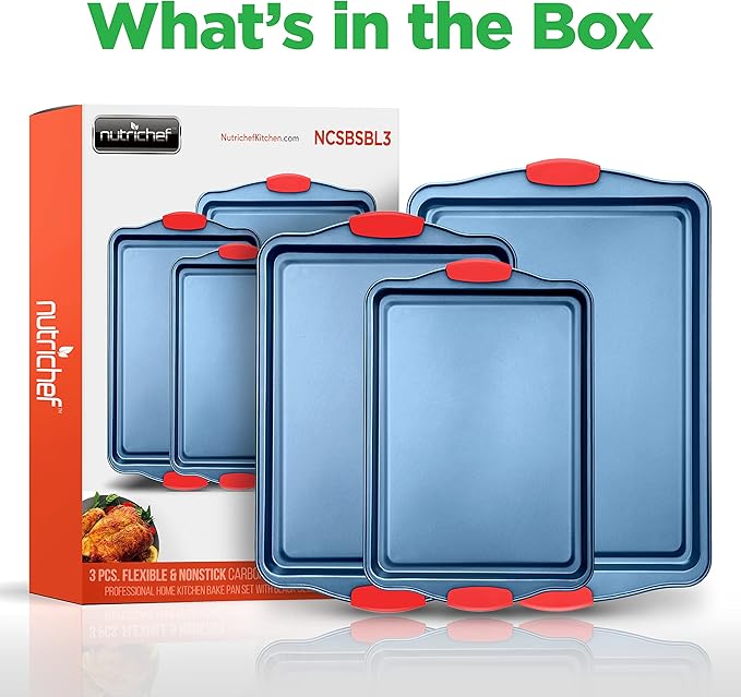 NutriChef 3-Piece Nonstick Cookie Sheets for Baking - Premium Carbon Steel Baking Trays w/ Non-Stick Smooth Coating & Silicone Handles - Large, Medium, & Small Bakeware - Blue