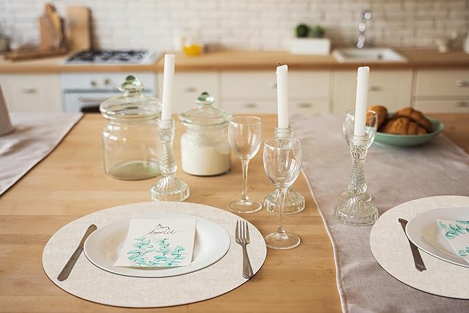 homing Round Faux Leather Placemat and Coaster 6 Packs, Washable Heat Resistant Dining Place Mats, Wipeable Double-Sided Table Mats for Indoor and Outdoor, Diameter 13 and 3.93 inch, Beige