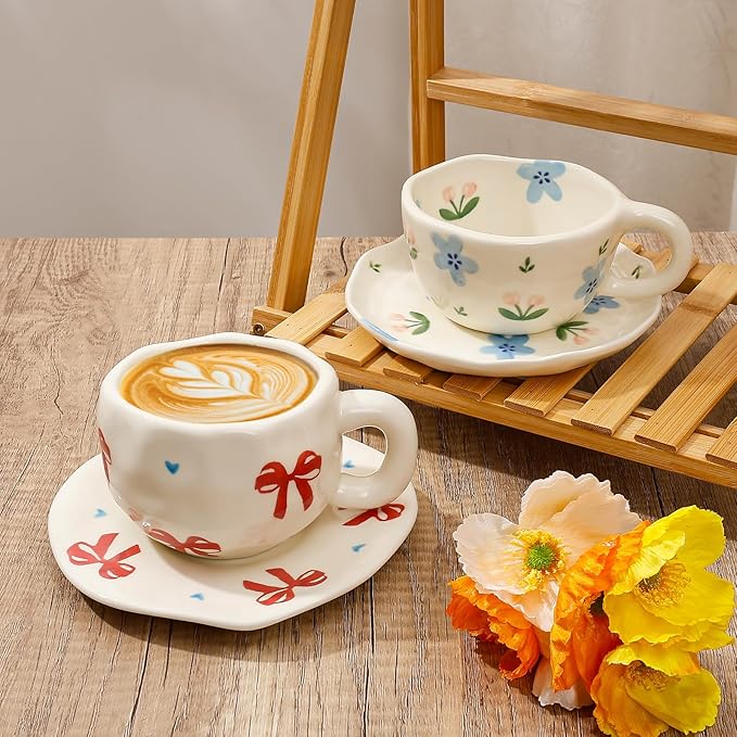 Koythin Ceramic Coffee Mug with Saucer Set, Cute Red Big Bow Cup Unique for Office and Home, 10 oz/300 ml for Latte Tea Milk