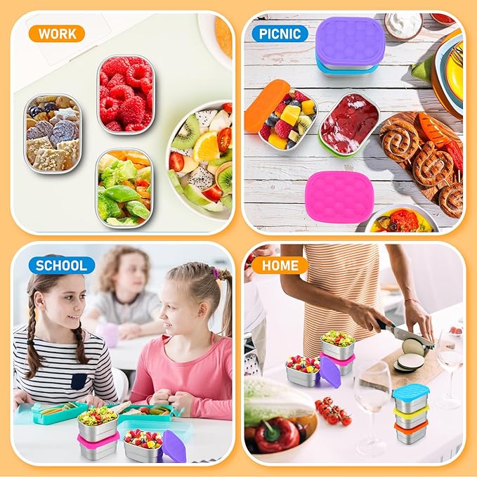 Layhit 6 Pcs Stainless Steel Snack Containers for Kids, 8 oz Lunch Containers with Silicone Lids Small Reusable Metal Food Box for Child Daycare School Home Storage Supplies(Vivid Color)