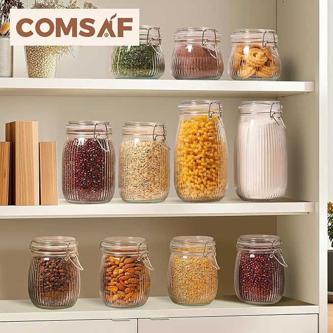 ComSaf Airtight Glass jar with lid 26oz Set of 6, Glass Storage Containers with Lids, Glass Canister, Mason Jars, Striped Clip Fastening Jar for Kitchen Canning, Oat, Coffee, Pasta, Snack, Nut, Candy
