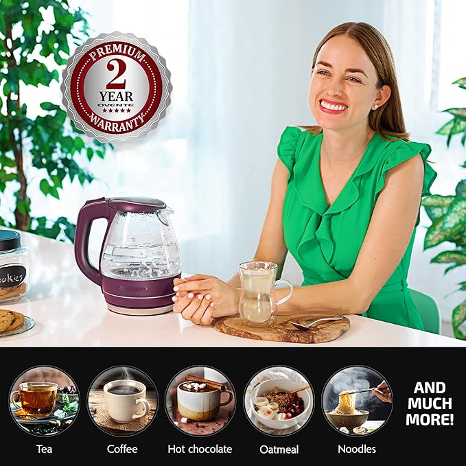 OVENTE Electric Kettle, 1.5L Borosilicate Glass Countertop Water Heater and Boiler for Coffee or Tea, BPA-Free, Auto Shut-Off, Boil-Dry Protection, Removable and Washable Spout Filter, Purple KG83P