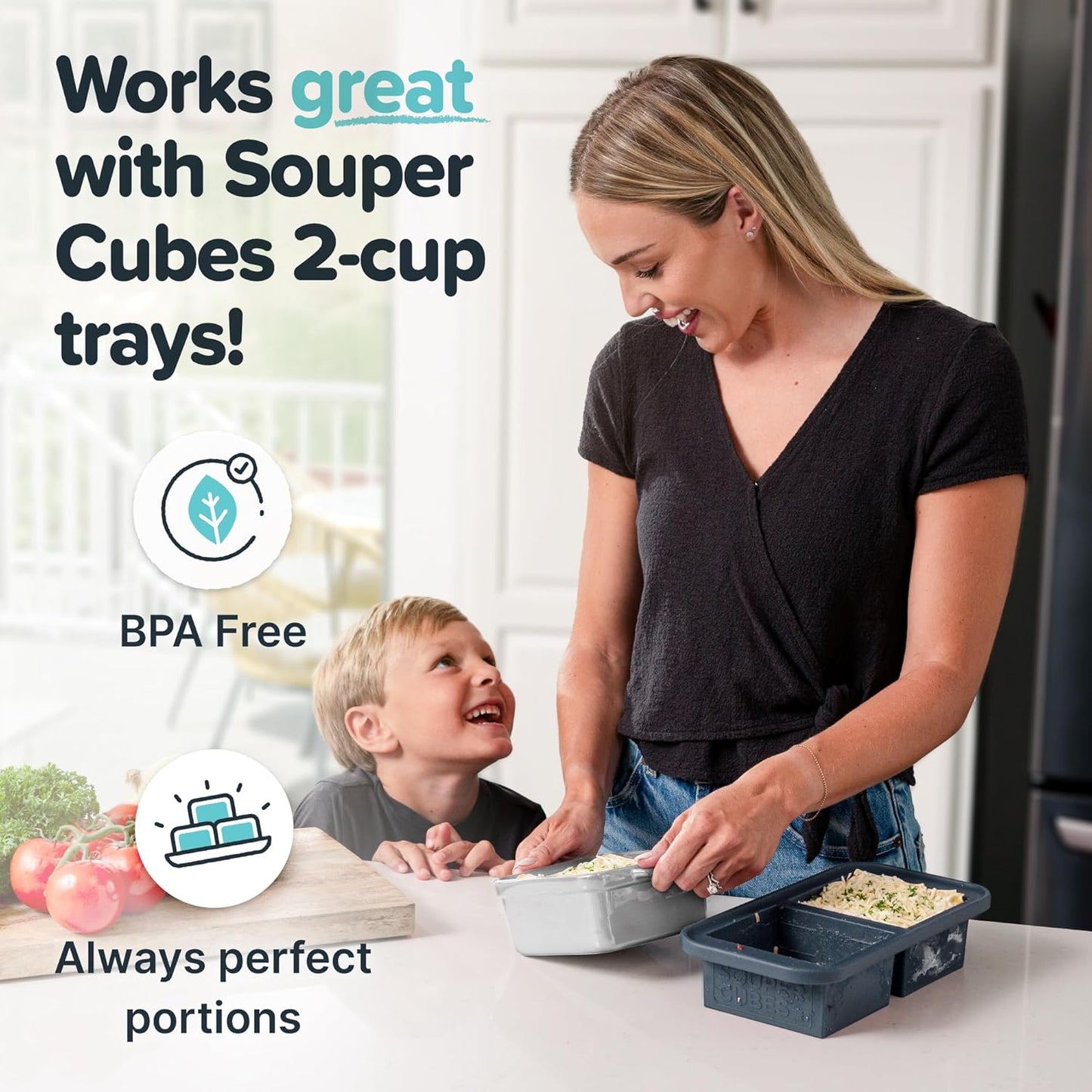 Souper Cubes Stoneware - 5" x 5" Baking Dishes for Oven with Silicone Covers, Premium Mini Ceramic Baking Dishes, Perfect for Reheating Individual Portions in Oven or Microwave, Set of 2 - White