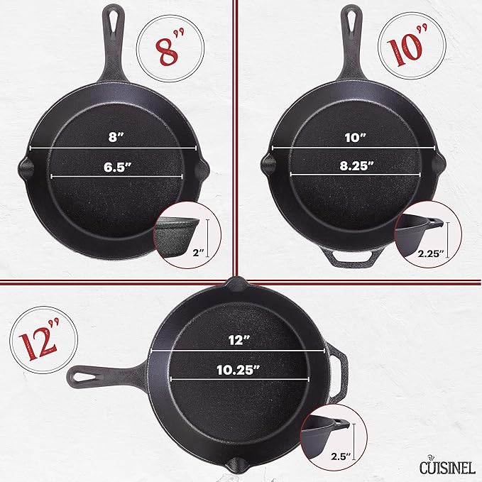 Cuisinel Cast Iron Skillets Set + Glass Lids - 8"+10"+12"-Inch Frying Pans + Silicone Handle Holder Covers - Pre-Seasoned Oven Cookware - Use Indoor/Outdoor, Grill, Stovetop, Camping Fire, Oven