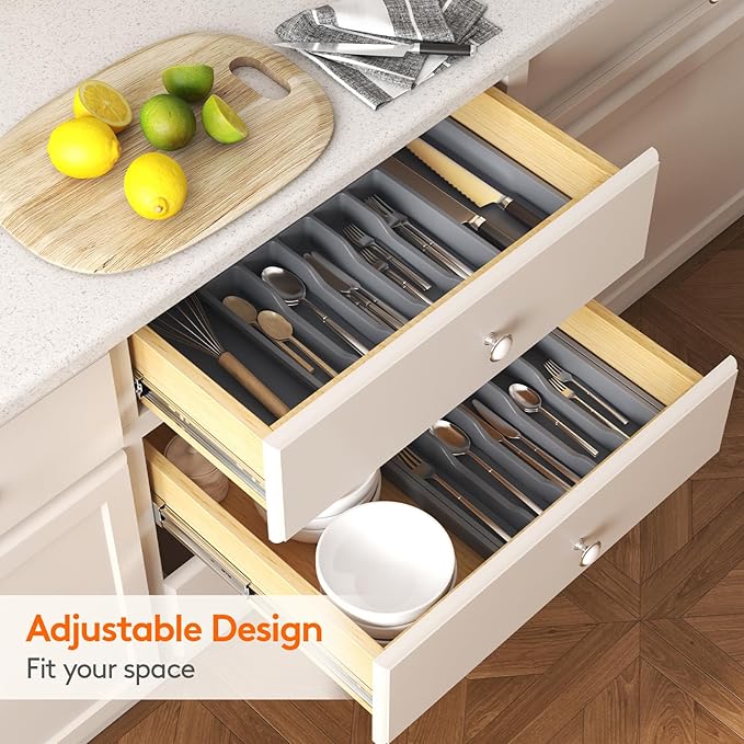 Lifewit Silverware Drawer Organizer, Expandable Utensil Tray for Kitchen, BPA Free Flatware and Cutlery Holder, Adjustable Plastic Storage for Spoons Forks Knives, Large, Dark Gray