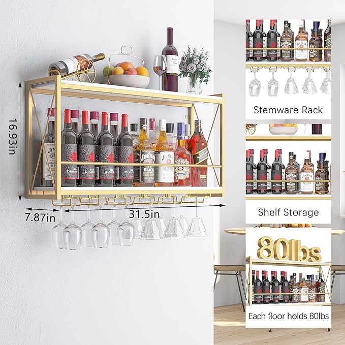 Dokser Wine Rack Wall Mounted Shelf - 2 Tier, Rustic Wood & Industrial Iron Frame Wine Bottle Holder for Kitchen, Dining Room, Home Bar Decor (Gold)