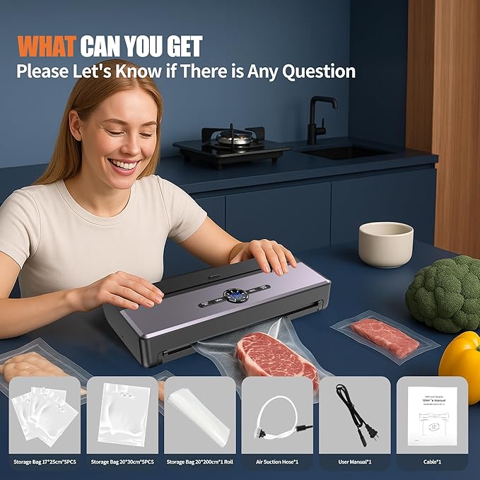 Sealer Machine for Food Storage, 85KPA Strong Suction, Dry/Moist Mode, Automatic Seal in 10-20 Seconds with 10 Vacuum Bags & 1 Roll, Built-in Cutter, Bag Storage & Vacuum Hose, for Home Kitchen Use