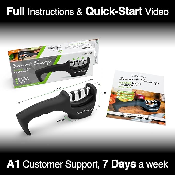 Lantana Knife Sharpener 'Smart Sharp' - Professional 3 Stage Manual Sharpener for Sharpening Kitchen Knives - Ceramic Stone, Tungsten Carbide Plates, Diamond rods. Ergonomic Design, Black/Chrome