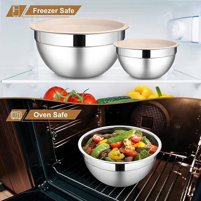 LIANYU 6 Piece Mixing Bowls with Lids Set, Size 7 & 3.5 & 2.5 & 2 & 1.5 & 1QT, Stainless Steel Cooking Serving Bowls, Metal Kitchen Nesting Bowl for Prepping & Food Storage, Dishwasher Safe, Khaki