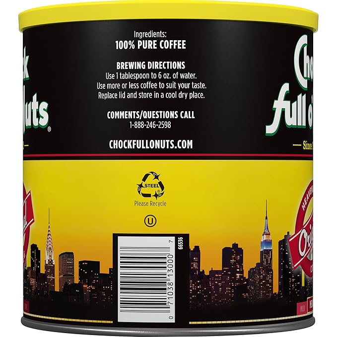 Chock full o’Nuts Heavenly Original Ground Coffee – Premium Beans in Recyclable Steel Can – Rich Flavor & Aroma, Medium Roast – Perfect for Drip, Pour-Over, Percolator – 30.5 Oz Can, Pack of 6