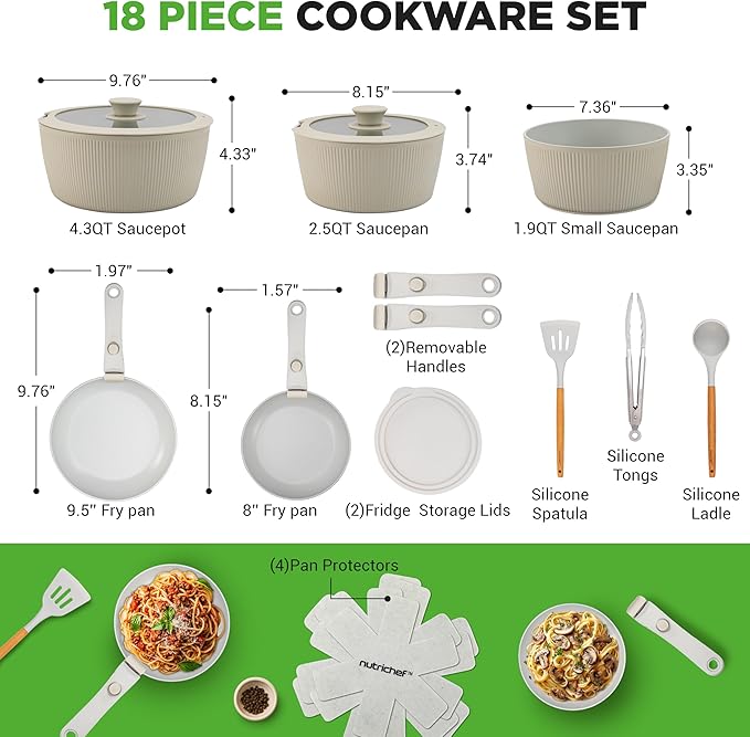 NutriChef 18-Piece Ceramic Cookware Set with Detachable Handles, Non Stick Pots and Pans, PTFE-Free Natural Ceramic Coating, Space-Saving Design, Oven & Stove Safe, Includes Utensils, Green