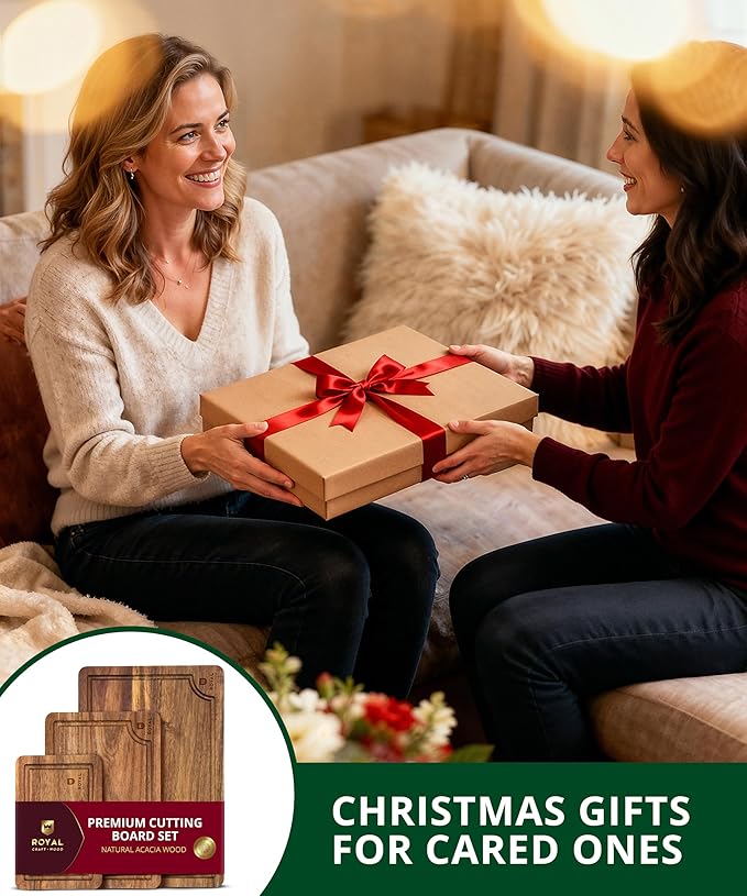 ROYAL CRAFT WOOD Acacia Wood Cutting Boards Set of 3 β Premium Wooden Cutting Boards for Kitchen Meal Prep & Serving - Charcuterie & Chopping Butcher Block for Meat with Deep Juice Groove Side Handles