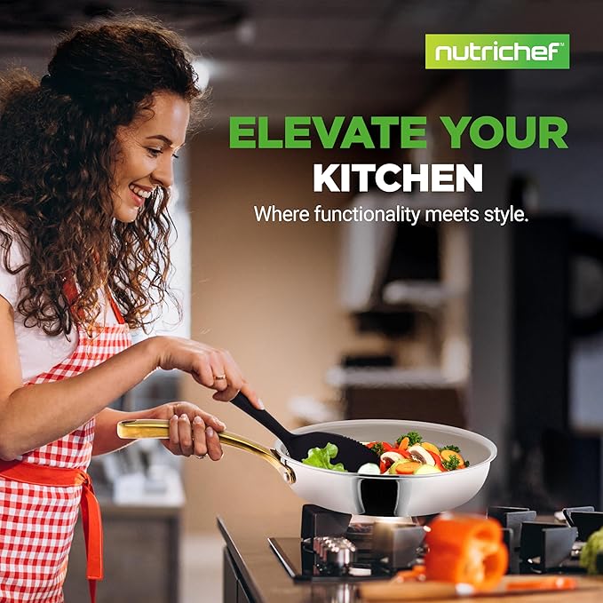 NutriChef 16-Piece Stainless Steel Kitchenware - Pots & Pans Set Clad Kitchen Cookware with Nylon Utensils, Fry Pan Interior Coated with Prestige Ceramic Non-Stick Coating, Stylish Kitchen Cookware