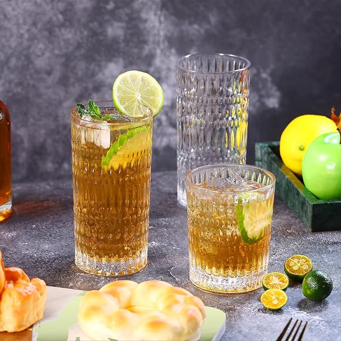 Glassware Drinking Glasses Set of 8, 14 oz Highball Glasses & 10 oz Ribbed Glass Cups, Vintage Glassware for Water, Juice, Cocktail, Whiskey (Clear)