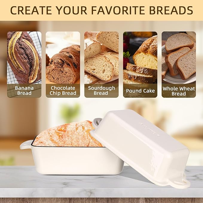 9x5 Enameled Cast Iron Loaf Pan with Lid - 2 in 1 Bread Pan for Baking Homemade Sourdough