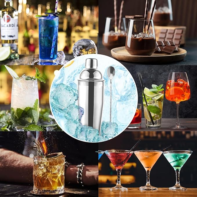 24oz Cocktail Shaker Bar Set, Martini Shaker with Built-in Strainer, Measuring Jigger, Mixing Spoon, Professional Stainless Steel Large Bartender Drink Shaker Margarita Alcohol Mixer-Silver