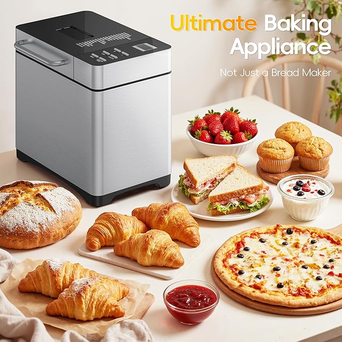 2LB & 1.5LB Bread Maker Machine, 19-in-1 Automatic with 3 Crust Colors, 3-Step Beginner-Friendly Operation, Keep Warm, Programmable Delay Timer for Homemade Bread, Silver