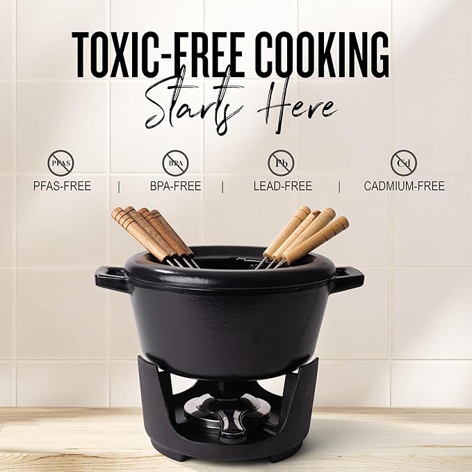 Alva Nori Cast Iron 2-Qt Fondue Pot Set – Made With No PTFE/PFOA/PFAS, Oven Safe – Works on Induction – 3-Layer Enamel, Easy to Clean, No Seasoning Needed – Includes 8 Forks, Burner & Stand