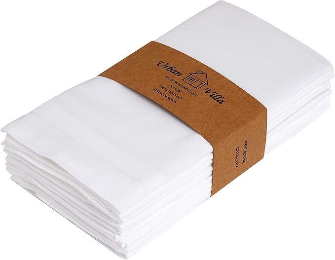 Urban Villa White Cloth Dinner Napkins Set of 12 20x20 inches 100% Cotton Highly Absorbent Washable Durable Reusable Ideal for Farmhouse Party Thanksgiving Fall Christmas Everyday Use Table Napkins