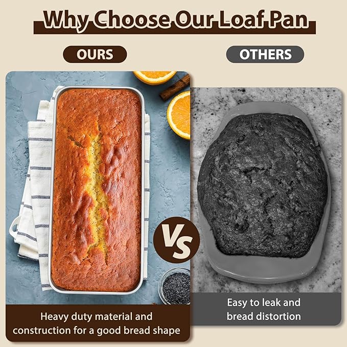 P&P CHEF Loaf Pans for Baking Bread, 12 x 5 Inch Large Stainless Steel Bread Loaf Pan Tins for Homemade Meatloaf Cake Brownies, Healthy & Sturdy, Oven & Dishwasher Safe, 2Pcs