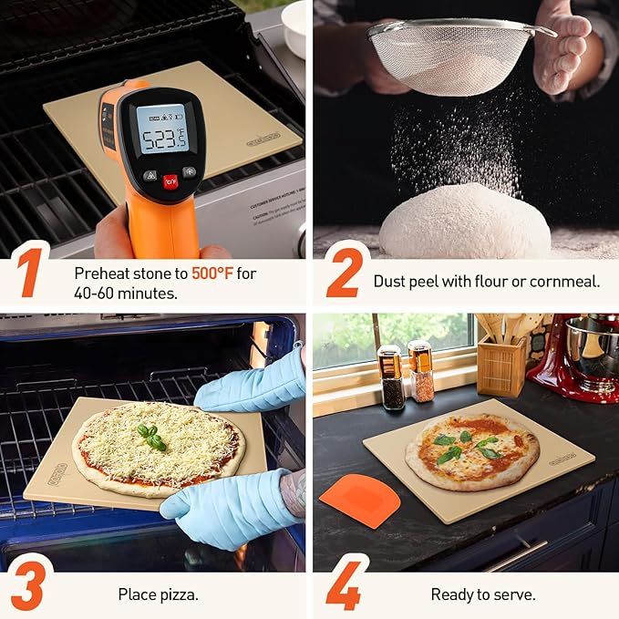 Pizza Stone For Oven and Grill 13 Inch, Baking Stone For Bread Thermal Shock Resistant BBQ Grilling Square Pizza Pan Cordierite Cooking Pan with PE Scraper